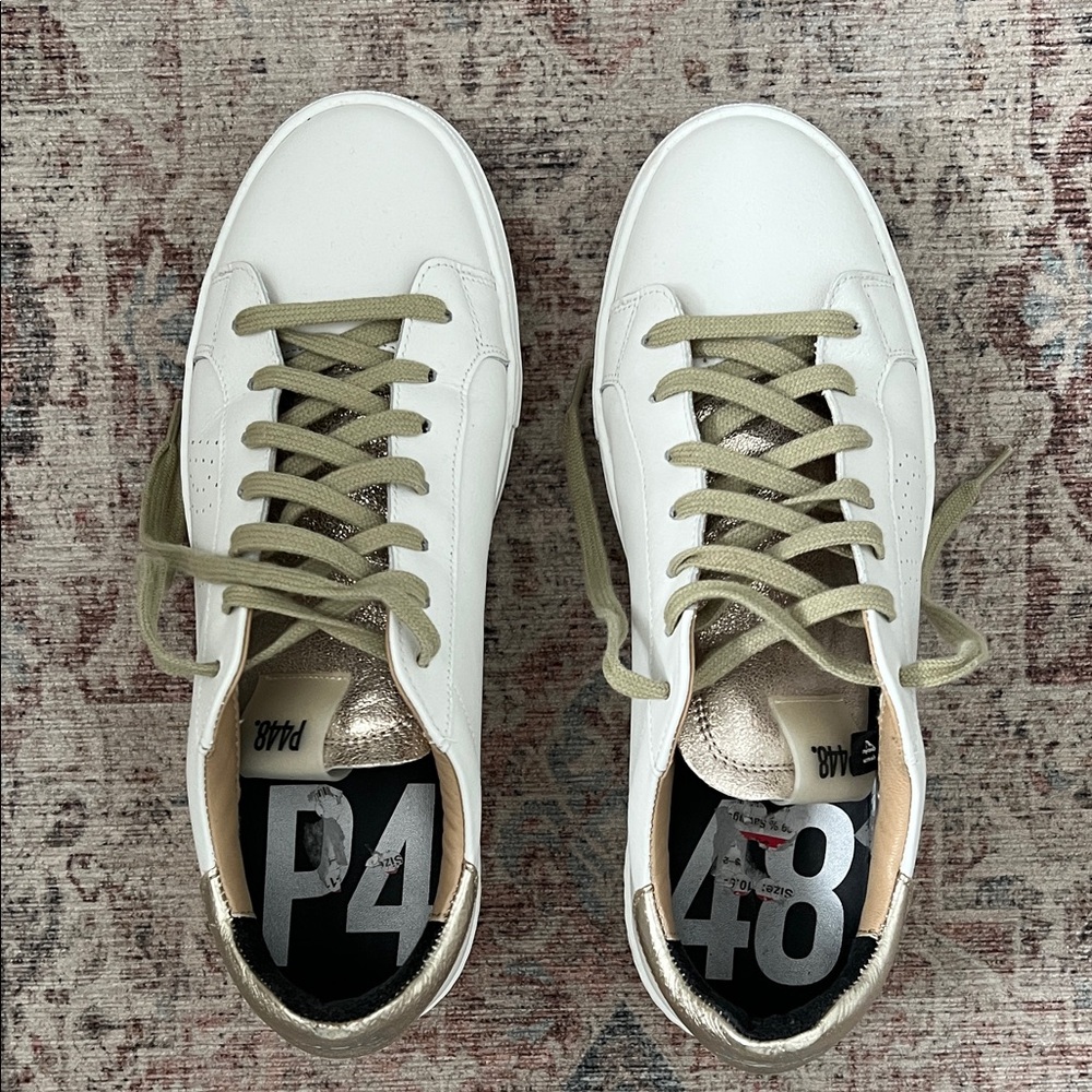 P448 White Sneakers with Olive Laces
